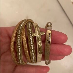 Gold-Tone 'Blessed' Cross Wrap Bracelet Set - Women's Gold Bracelet Stack